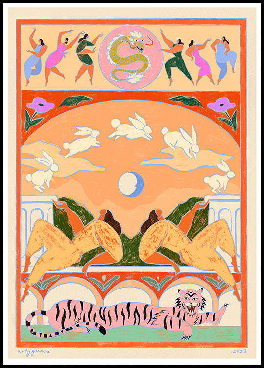 Kaninchen springt über den Mond Poster