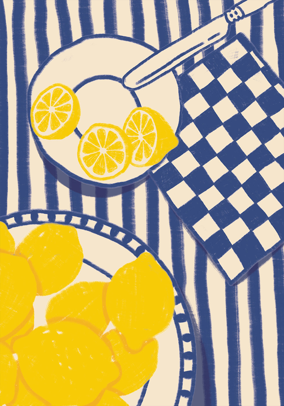 Zitronensüße, verspielte mediterrane Küche mit blauen Streifen Poster