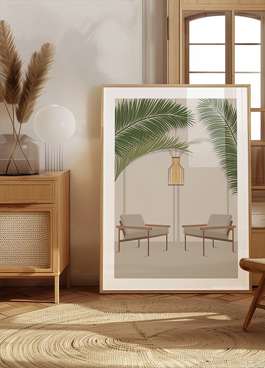 Free Your Mind 1, modernes tropisches Lounge-Poster mit Palmblättern und Stühlen