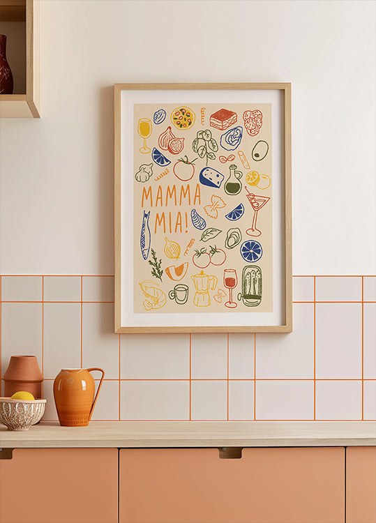 Mamma Mia!, verspieltes italienisches Küchenplakat mit farbenfrohen Essensillustrationen