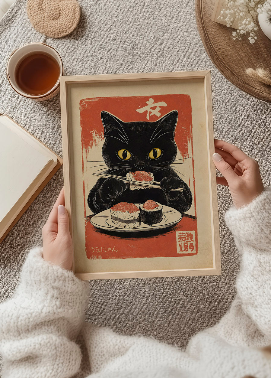 Retro Sushi Feast, Hungry Cat Artwork Plakat - Posterbox.dk