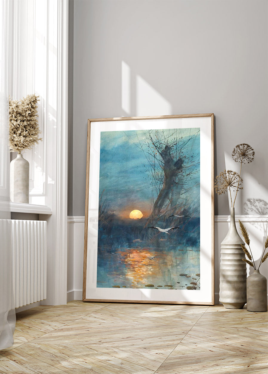 Sunset Over The Pond With Storks Plakat - Posterbox.dk