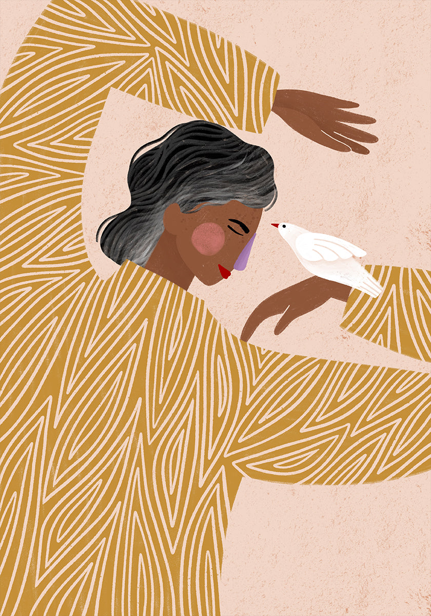 Die Frau mit einem Vogelplakat