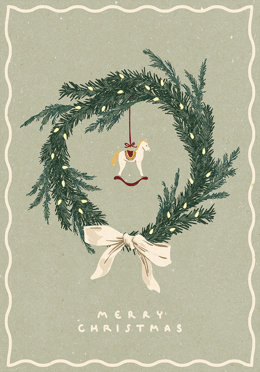 Pferdespielzeug auf Weihnachtskranz mit Schleife Poster