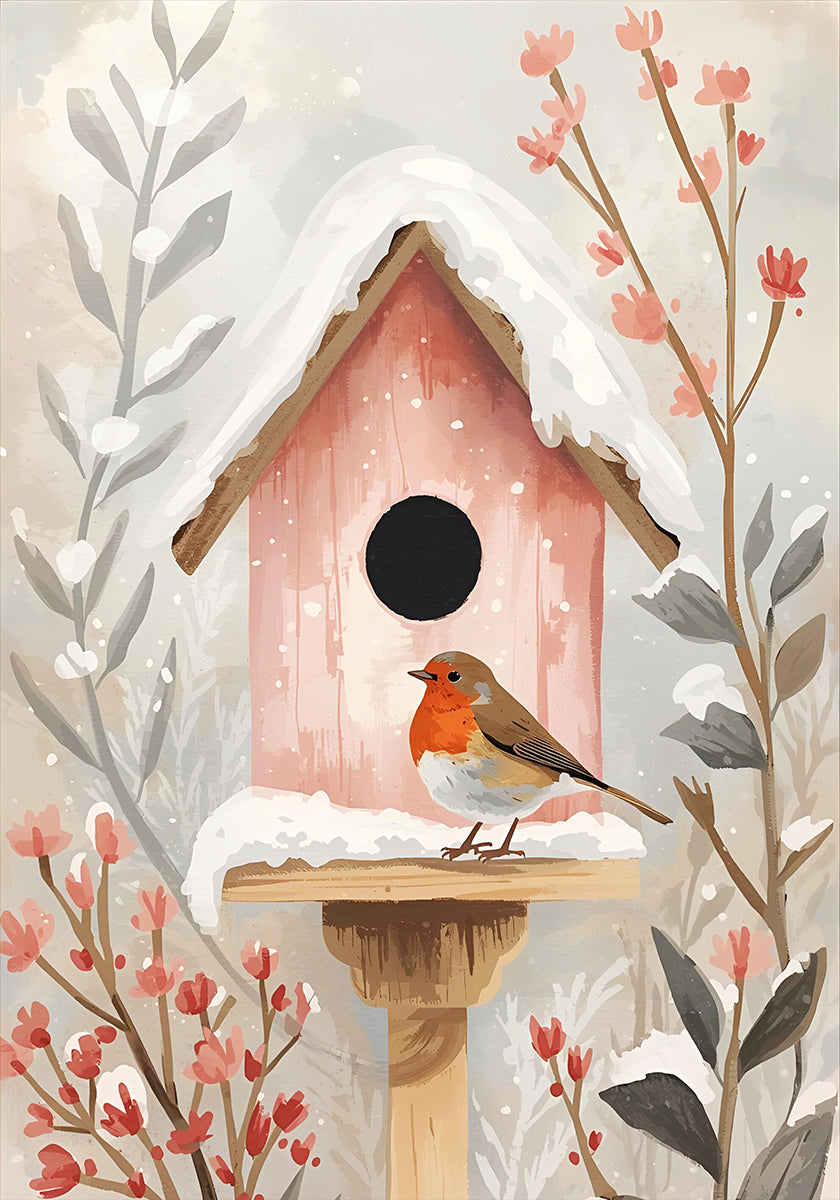 Vogelhaus mit Rotkehlchen und Pflanzen Poster