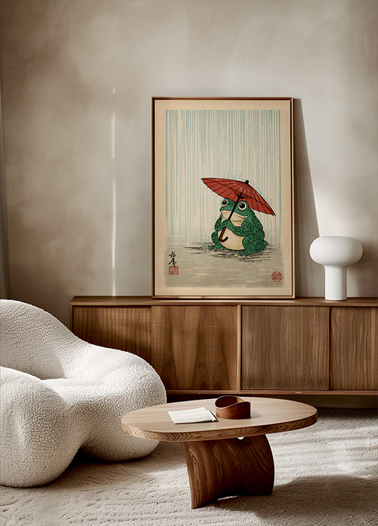 Japanese Frog with Umbrella Poster, Woodblock Art Print - Posterbox