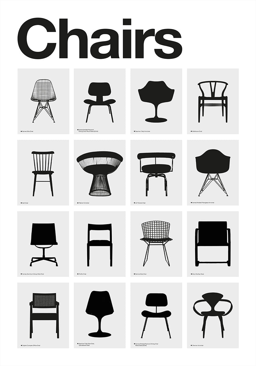 Iconic Chair Collection Poster: Black &amp; White Minimalist Art (NEW) - Posterbox