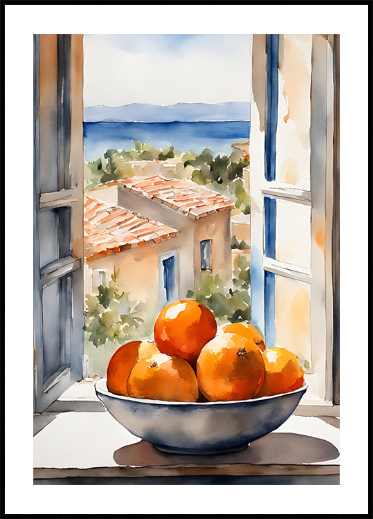 Poster mit orangefarbener Schale im Fenster