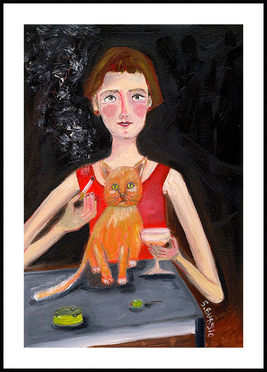 Poster mit Vintage-Frau mit Cocktail und Katze