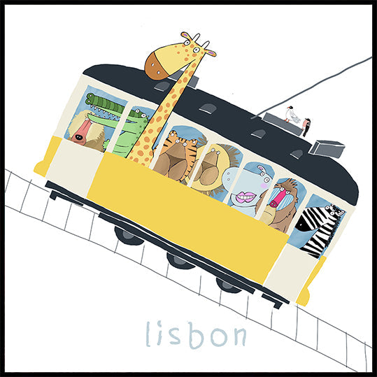 Famous Lisbon Yellow Tram with Jungle Animals by Carla Daly Plakat - Posterbox