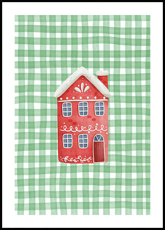 Niedliches rotes Weihnachtshaus auf grünem Karo-Poster