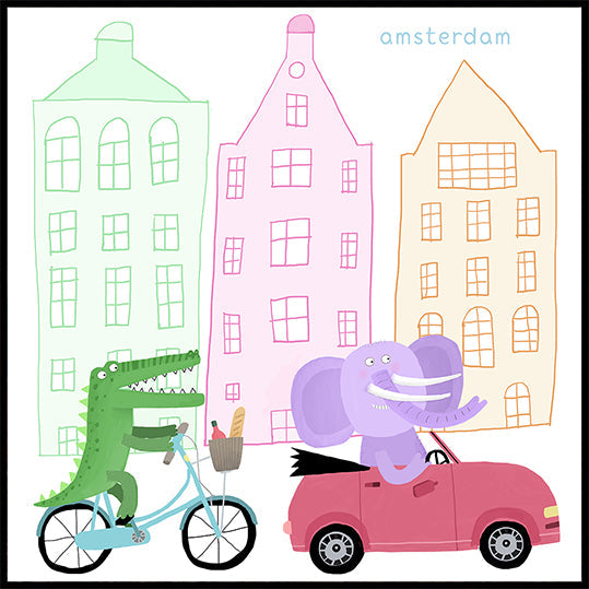 Ein Krokodil auf einem Fahrrad und ein Elefant in einem Auto-Poster