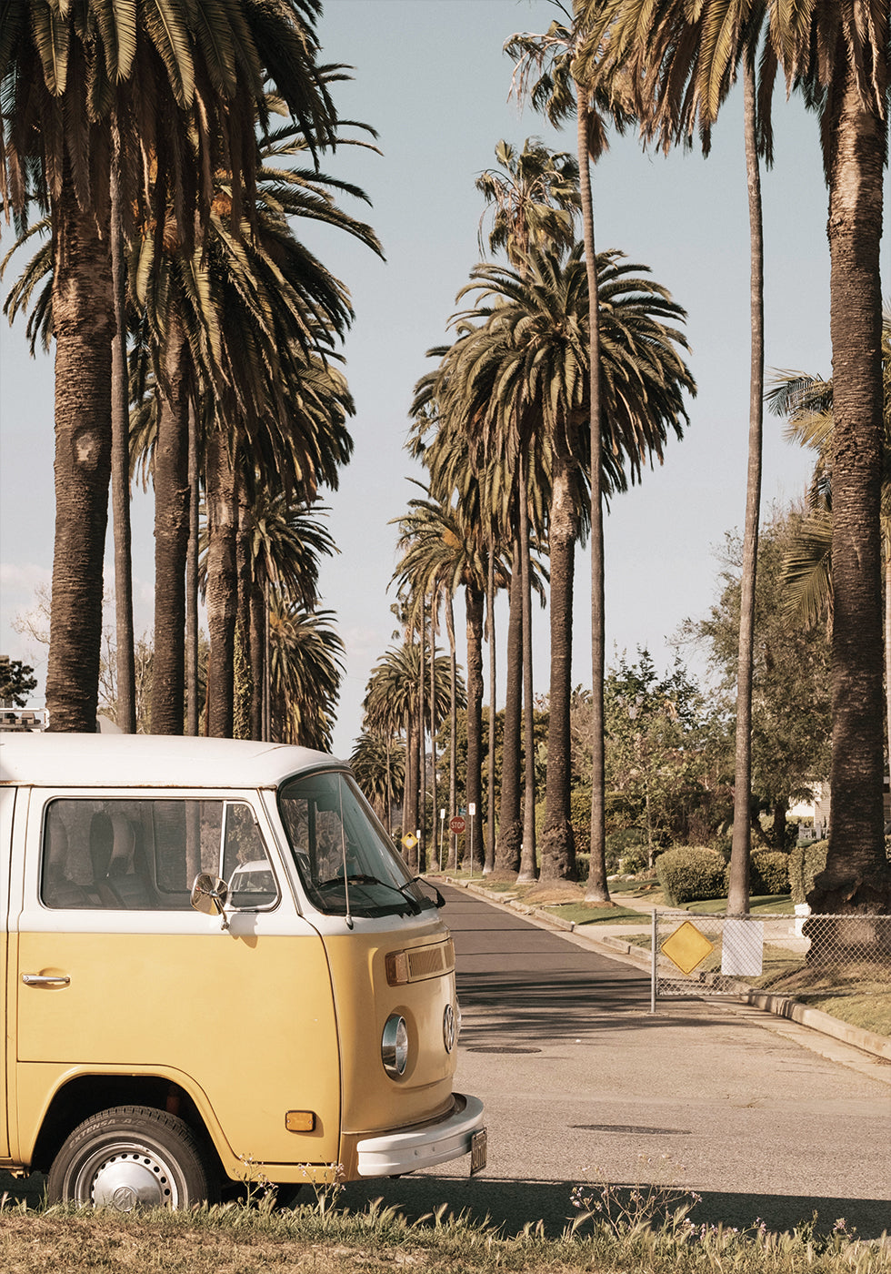 Vintage Yellow Van Among California Palm Trees Plakat - Posterbox.dk
