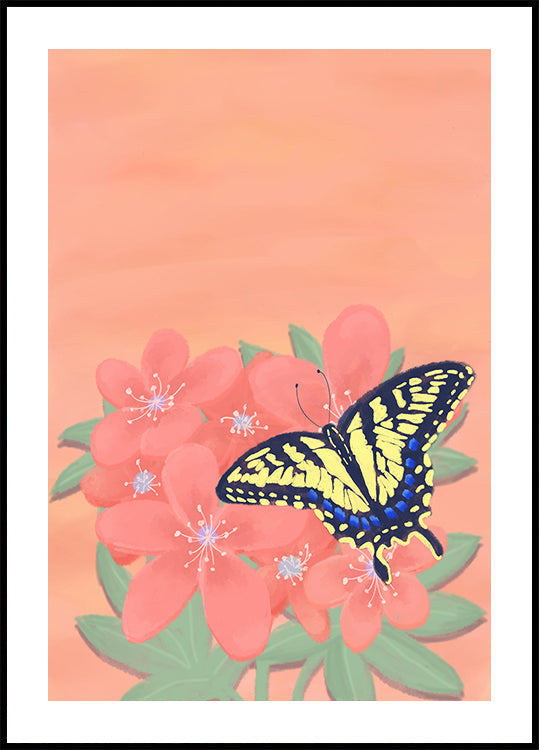 Ein gelb-schwarzer Schmetterling ruht auf rosa Blüten vor einem pfirsichfarbenen Hintergrund.