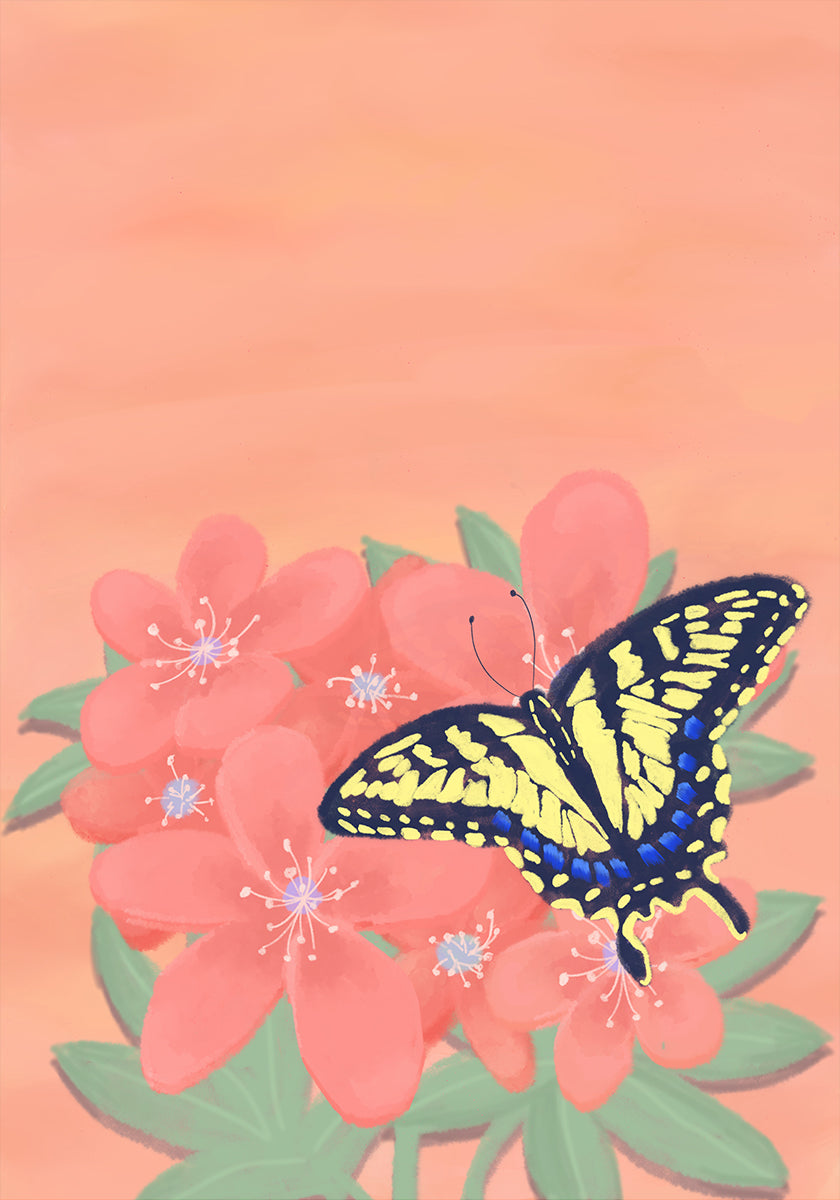 Eine lebendige digitale Illustration eines Schmetterlings mit gelben und schwarzen Flügeln, der auf rosa Blumen vor einem pfirsichfarbenen Hintergrund thront.