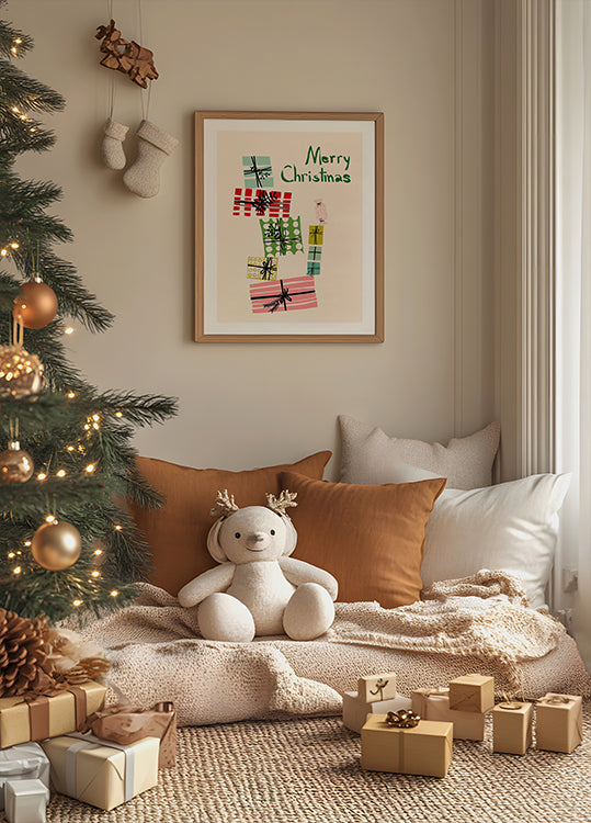 Wobbly pile of Christmas presents Plakat - Posterbox