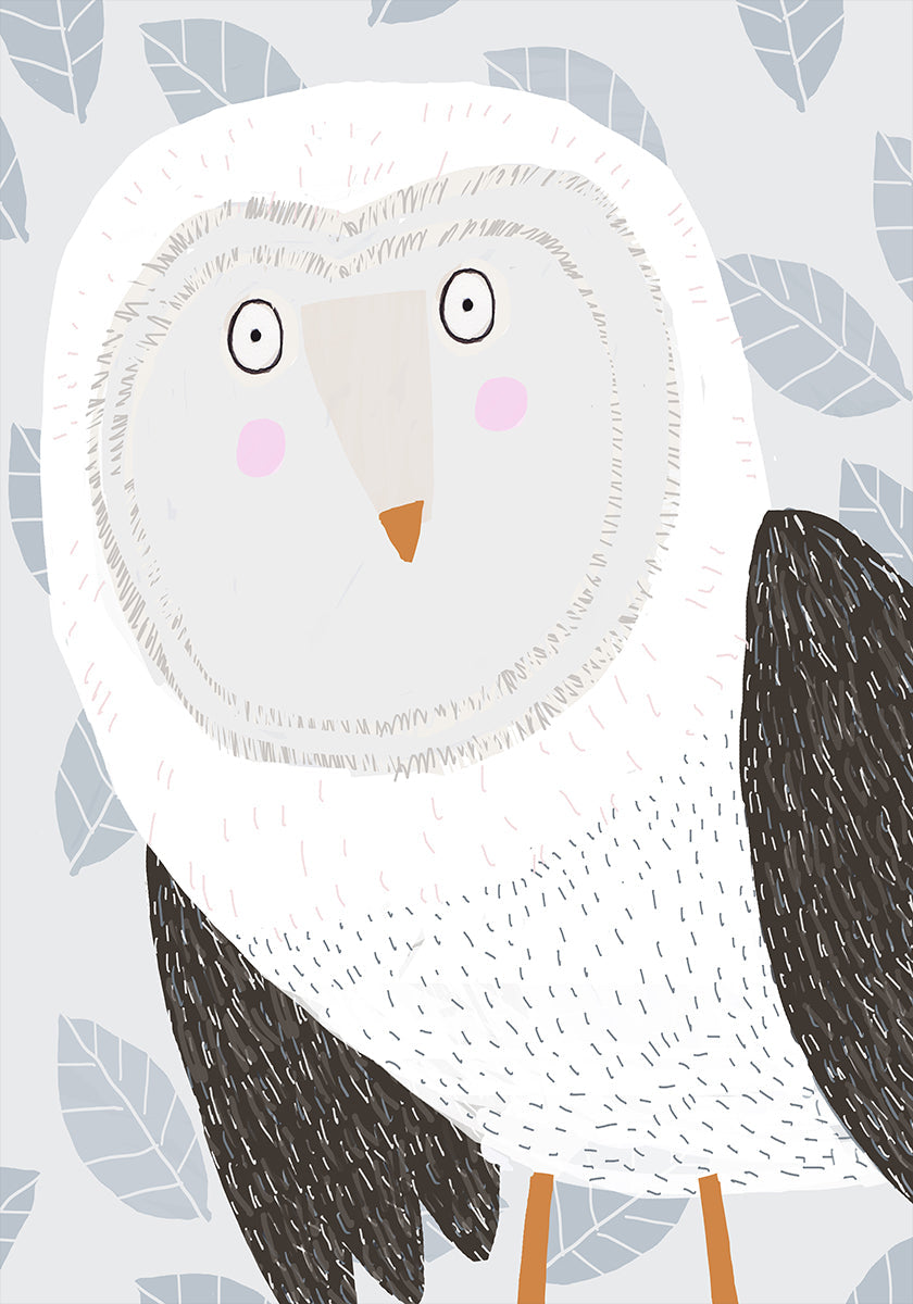 Funny Winter Owl with Grey Leaf Pattern by Artist Carla Daly Plakat - Posterbox
