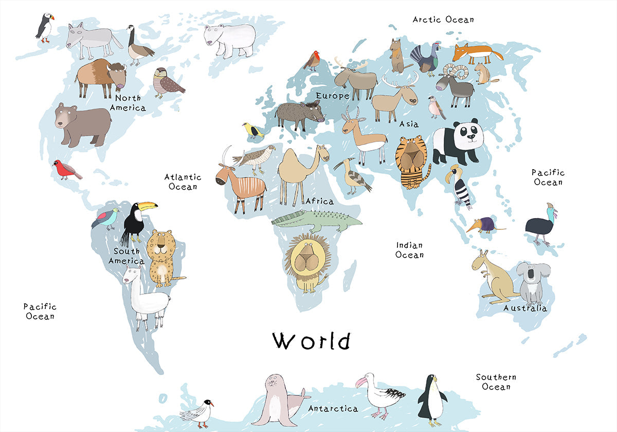 Illustrated Map of the World with Cute Animals Plakat - Posterbox