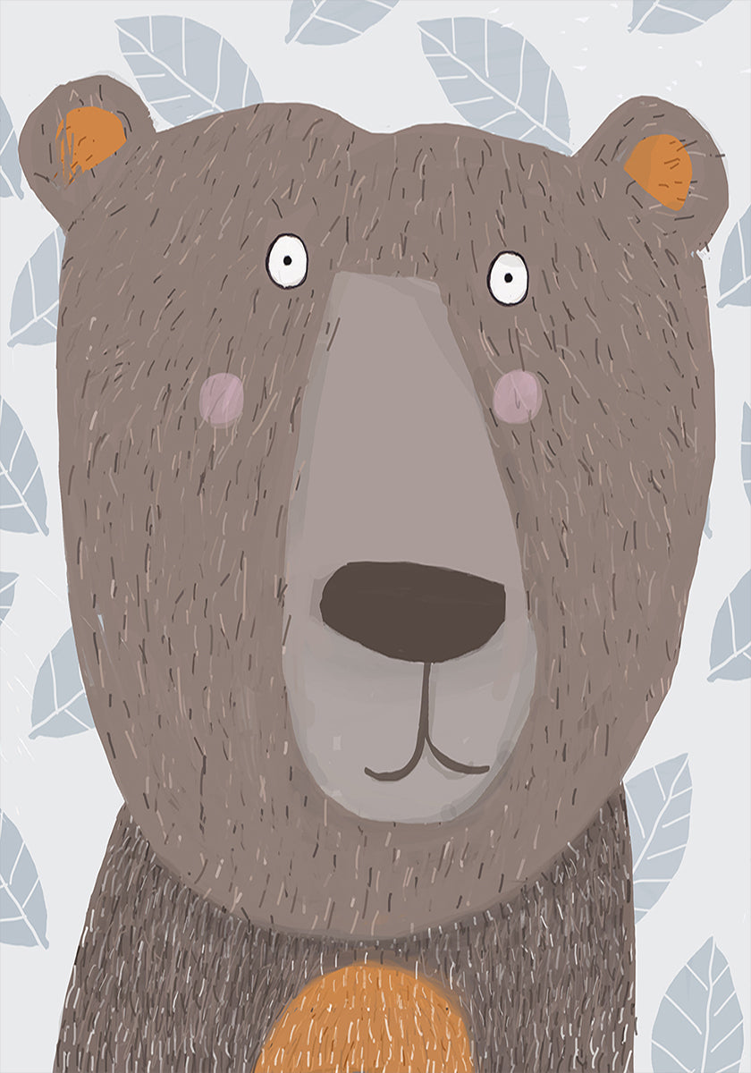 Cute Brown Bear with Grey Leaf Pattern by Artist Carla Plakat - Posterbox