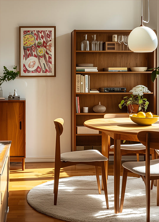 ein gemütliches Esszimmer mit einem Holztisch und Stühlen, einem Bücherregal und einem gerahmten Kunstwerk an der Wand.