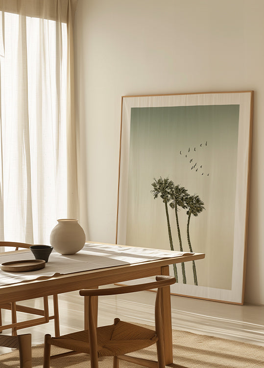 Vintage minimalistisches Poster mit Palmen und Sonnenuntergang