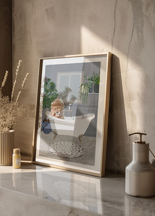 Löwe nimmt ein Bad Poster