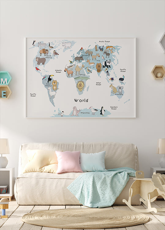 Illustrierte Weltkarte mit niedlichem Tierposter