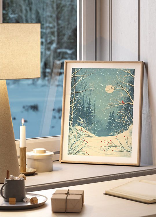 Red Bird in Snowy Forest Plakat