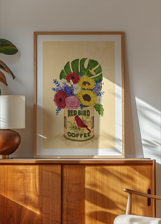 Blumen in einem Vintage-Kaffeedosen-Poster