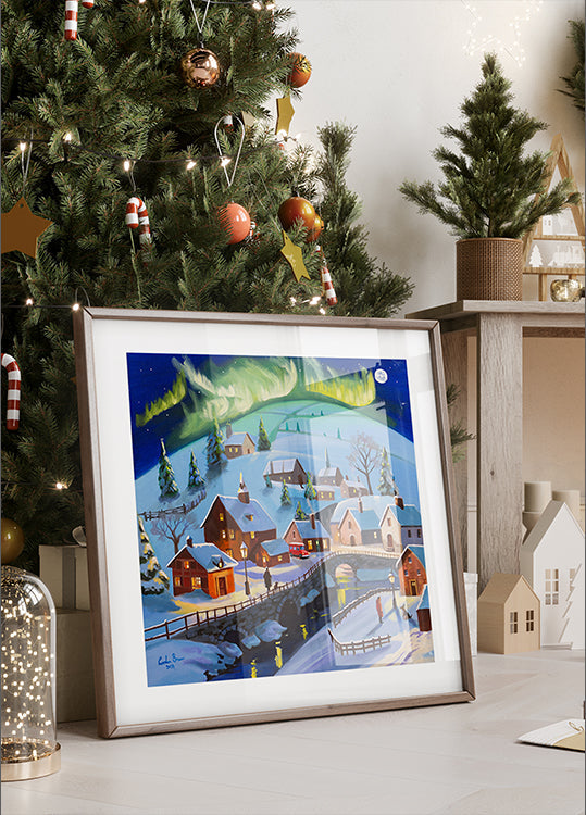 Winterwunderland-Dorf unter den Nordlichtern Poster