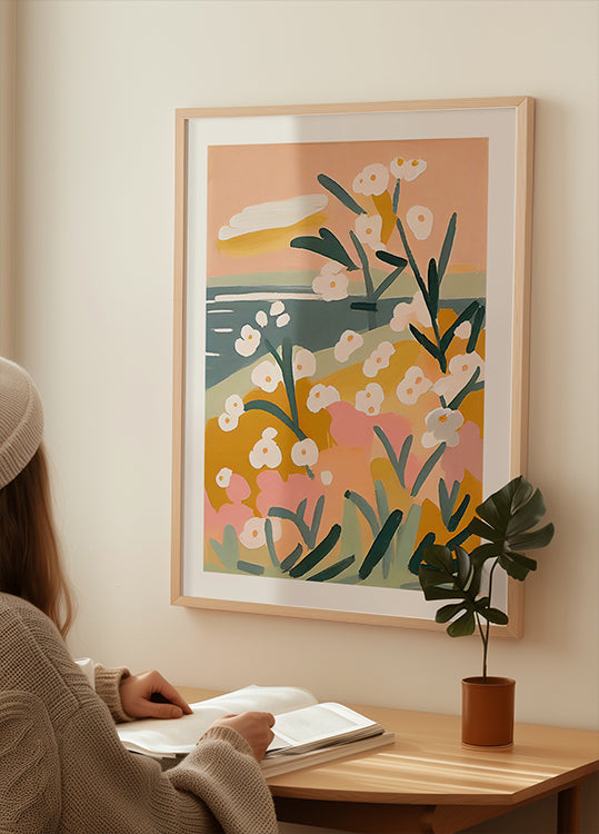 Poster „Blütenblätter am Ufer“.