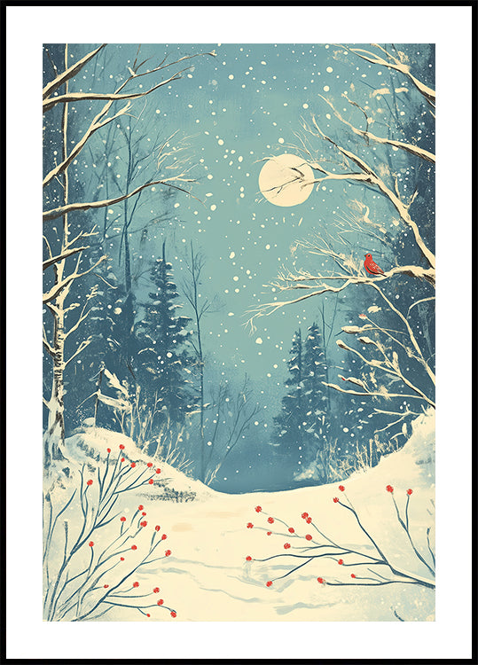 Red Bird in Snowy Forest Plakat - Posterbox