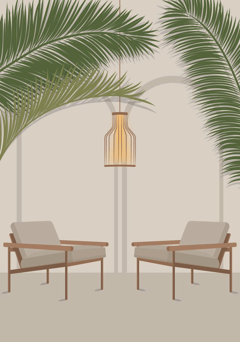 Free Your Mind 1, Modern Tropical Lounge with Palm Leaves and Chairs Plakat - Posterbox