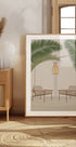 Free Your Mind 1, Modern Tropical Lounge with Palm Leaves and Chairs Plakat - Posterbox