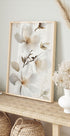 a picture of a white flower on a shelf