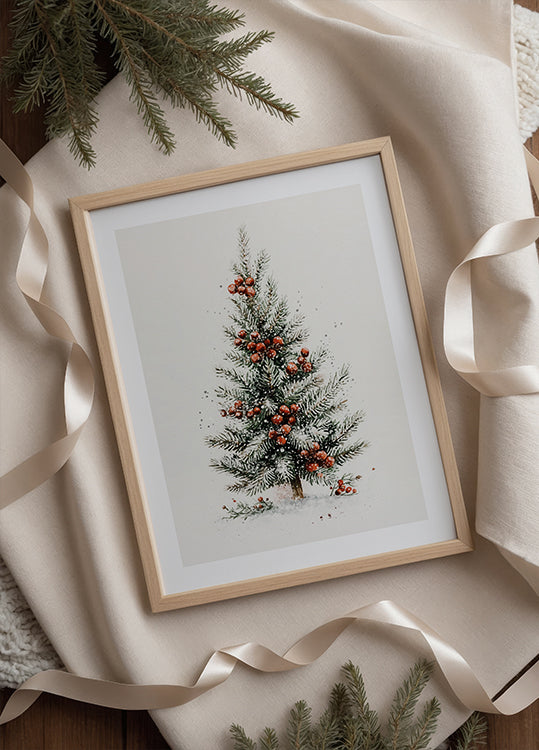 Watercolor Christmas Tree with Red Berries Plakat - Posterbox.dk