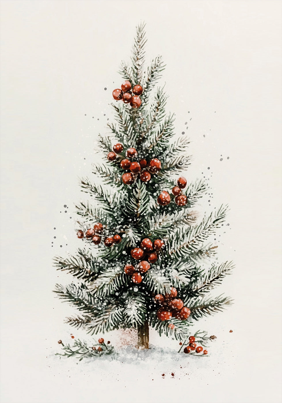 Watercolor Christmas Tree with Red Berries Plakat - Posterbox.dk