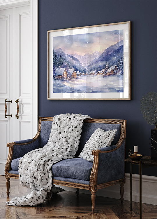 Watercolor Winter Mountain Village Plakat - Posterbox.dk