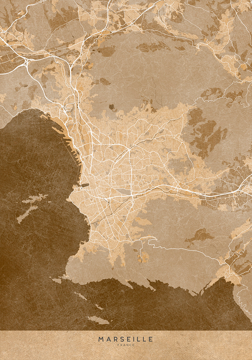 Sepia vintage map of Marseille France Plakat - Posterbox