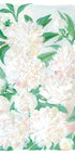 Das Bild ist ein lebendiges und farbenfrohes Gemälde verschiedener weißer und rosa Blumen, darunter Pfingstrosen, vor einem hellblauen Hintergrund.