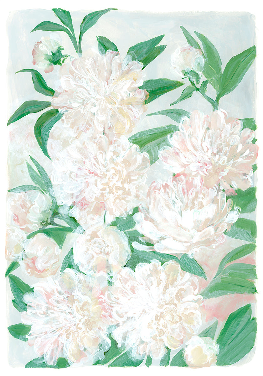Das Bild ist ein lebendiges und farbenfrohes Gemälde verschiedener weißer und rosa Blumen, darunter Pfingstrosen, vor einem hellblauen Hintergrund.
