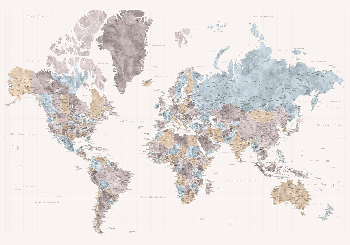 Mahler highly detailed world map with cities Plakat - Posterbox