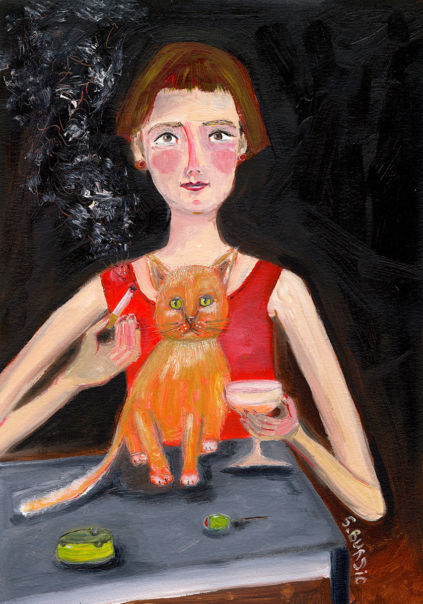 Vintage woman with cocktail and cat Plakat - Posterbox
