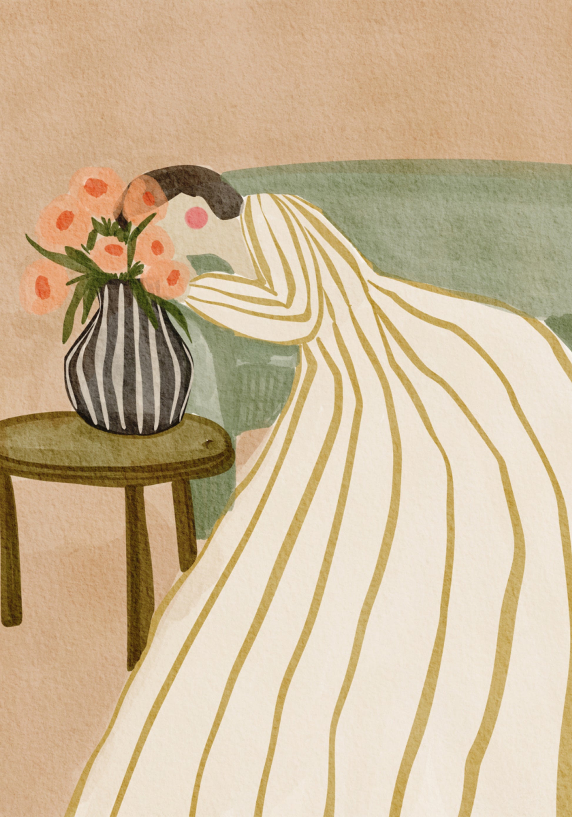 Frau, die Blumen bewundert