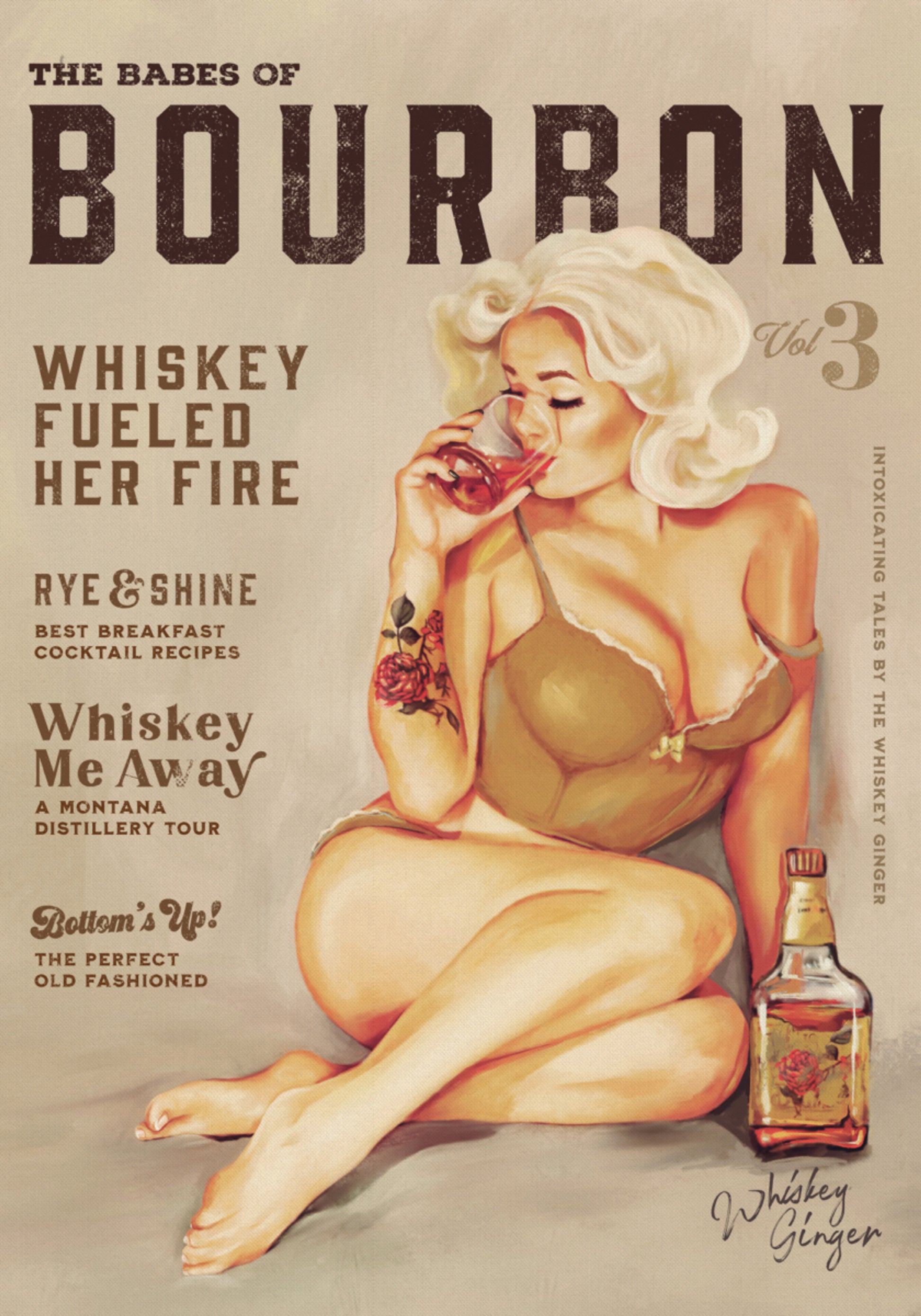 Bourbon-Wandkunst. Sexy Vintage Pin-Up-Girl, das Whiskey trinkt