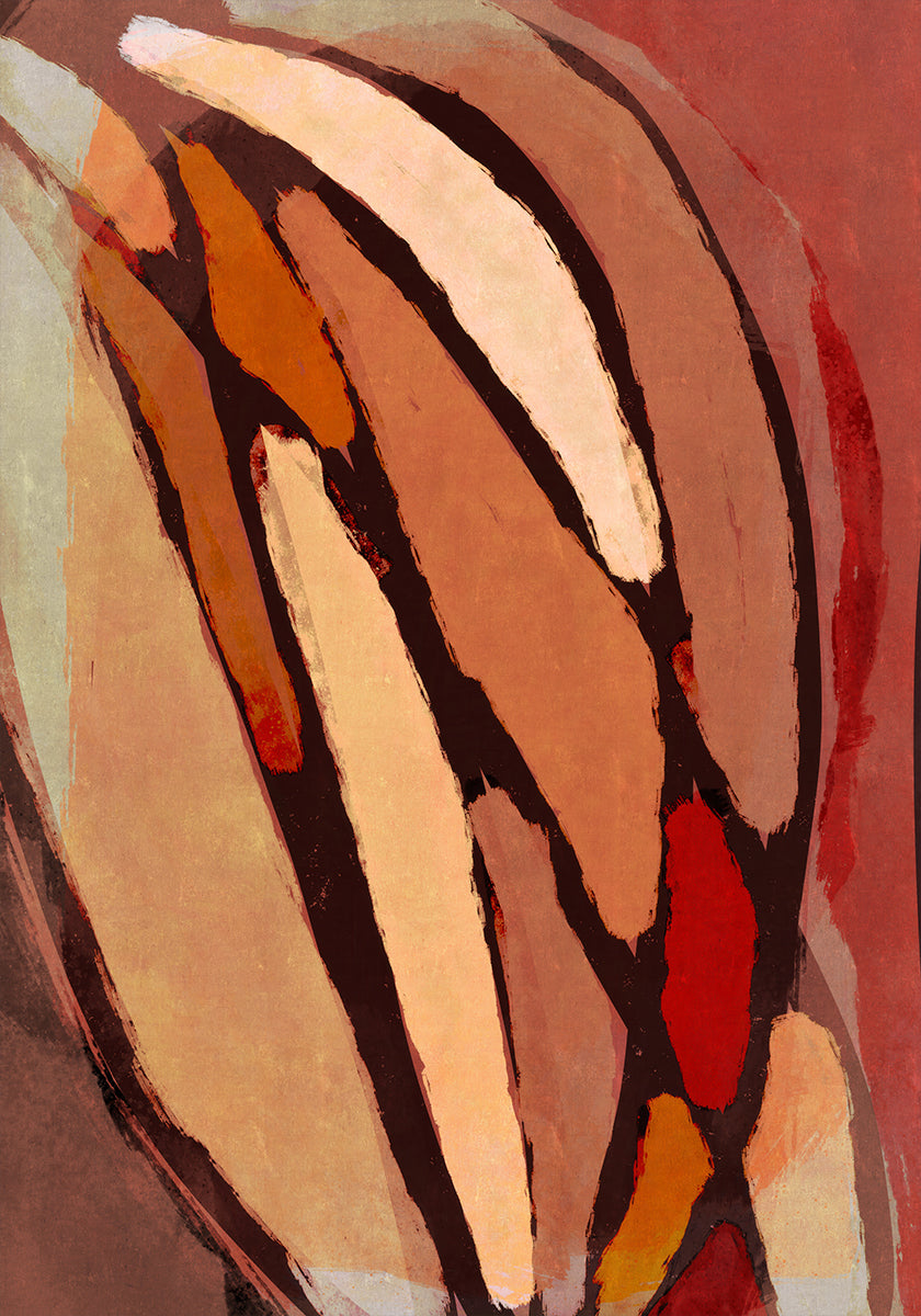 Das Bild ist ein abstraktes Gemälde mit kräftigen, überlappenden Formen in verschiedenen Braun-, Orange- und Rottönen. Die Komposition schafft ein dynamisches und visuell auffälliges abstraktes Kunstwerk.